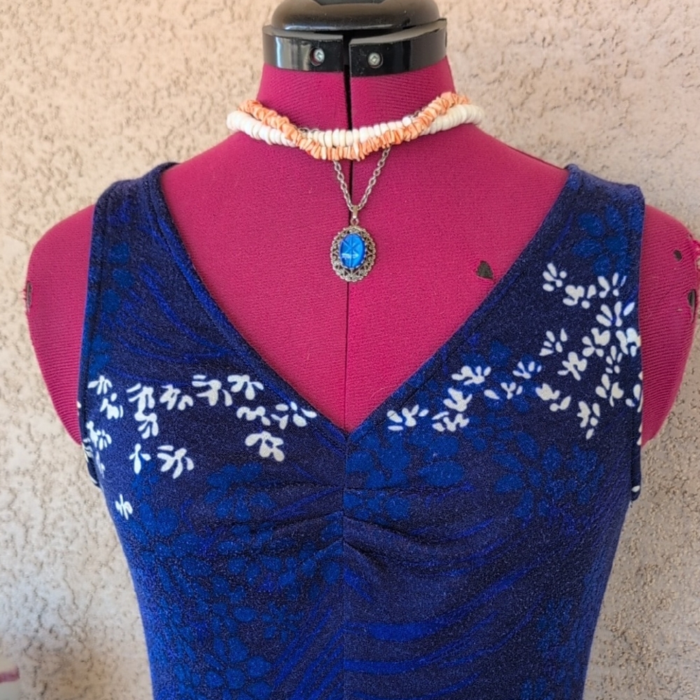 Vintage Hawaiian KAHALAKnit Honolulu Blue Floral V-Neck Midi DRESS